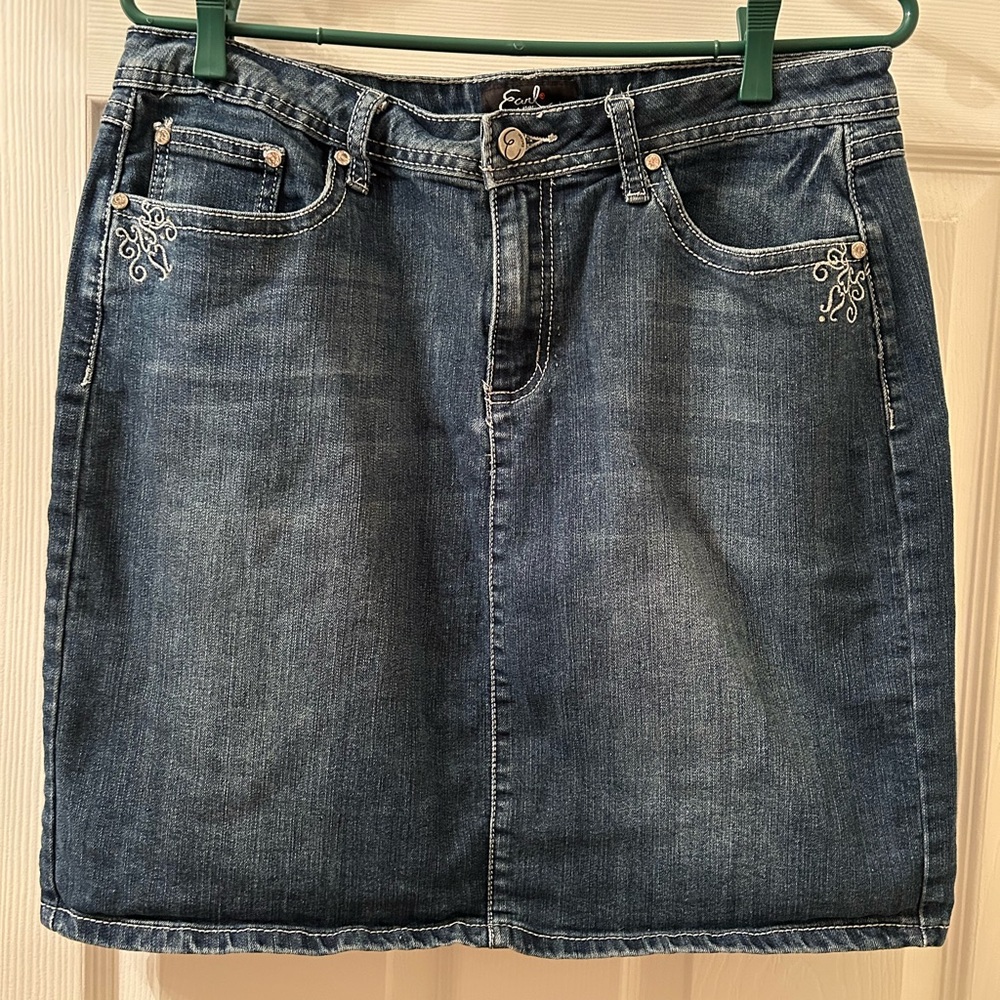 Earl Jeans Dark Blue Denim Skirt with Crystals and Embroidery